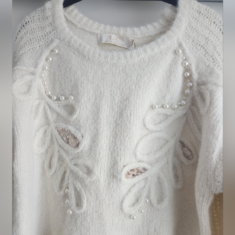 Lizelle Collection Crew Neck Long Sleeve sweater sequin and pearl soft Large - Picture 4 of 16